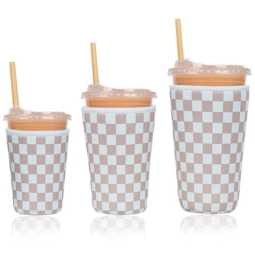 Reusable Insulated Neoprene Iced Coffee Cup Sleeve, Durable Drink Sleeve for Cold Beverages, Beverage Holder for Iced Coffee, Classic Checker - Image 1
