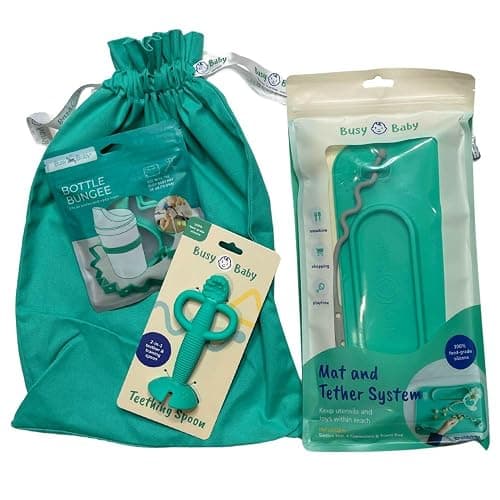Busy Baby Gift Set - Silicone Placemat with Suction Cups, Bottle Bungee, Teething Spoon and 4 Universal Straps, Keeps Baby Essentials Like Bottles Within Reach & Off The Floor (Spearmint) - Image 1