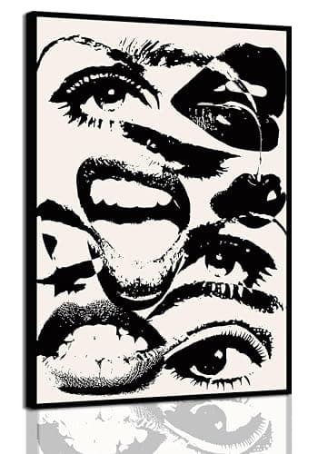 70s retro Black and White Wall Art, Hippie Quirky abstractCanvas Prints,Weird Eyes and Mouths funky Aesthetic Poster,Neutral Preppy Wall Art Eclectic Apartment Decor Pictures Unframed - Image 1
