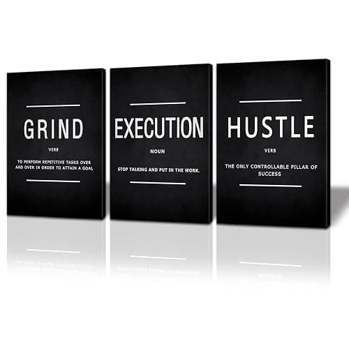 BWSPACE Motivational Wall Decor Grind Hustle Execution Wall Art Office Wall Decor Posters for Men 3 Pieces Framed Canvas Wall Prints Artwork Home Gym Bedroom Ready to Hang - Image 1