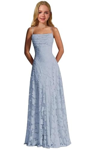 Oittuye Girls Long Lace Floral Flower Girl Dress Square Neck Spaghetti Strap A-Line Junior Bridesmaid Formal Gown - Image 1