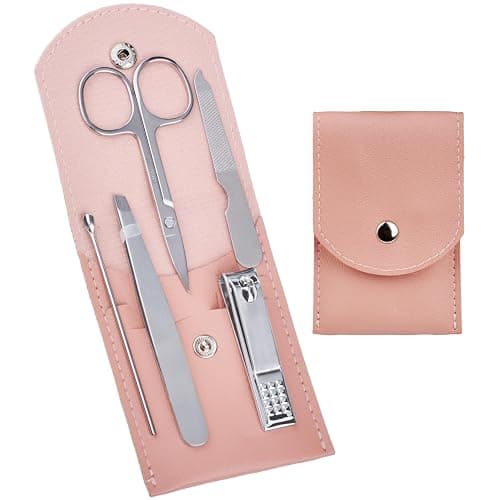 HANTEKAS Travel Manicure Set Professional Nail Clipper Kit-5 Pieces Stainless Steel Manicure Kit, Women Men Grooming kit With Nail Care Tools Beauty Scissors Tweezers (Silver Pink) - Image 1