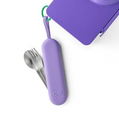 Omie OmieBox Travel Utensil Set | Fork and Spoon with Case for Easy Travel | Stainless Steel Fork and Spoon (Purple) - Image 1