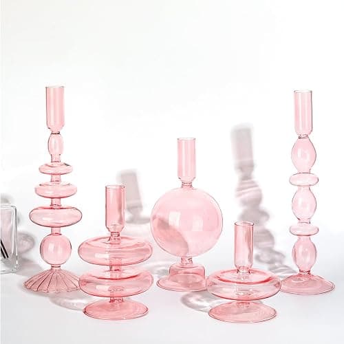 Rtteri 5 Pcs Glass Candlestick Holders Colorful Glass Taper Candle Stand Groovy Candlestick Wavy Boho Chic Clear Bases Holders Elegant Vase for Home Party Centerpiece(Pink) - Image 1