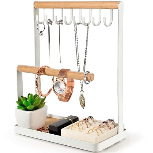 PAMANO Jewelry Stand Organizer with Velvet Ring Holder, 3-Tier Necklace Hanging Wooden Ring Storage Earring Tray, 8 Hooks Bracelets,Rings & Watches Display On Desk Tabletop - White - M - 3T-M - Image 1