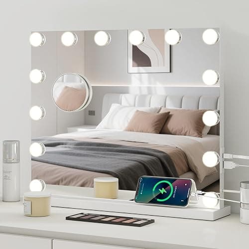 eklipt Hollywood Vanity Mirror with Lights, 50×42cm Large Lighted Makeup Mirror with 14 Dimmable LED Bulbs, Touchscreen Control, USB Output Port Tabletop or Wall Mounted Light Up Mirror For Bedroom - Image 1