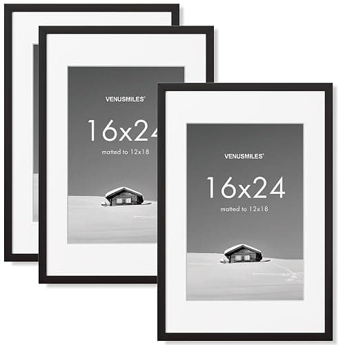 Venusmiles 16x24 inch Picture Frame, 16x24 Photo Frames with 12x18 Removable Mat - High Definition Plexiglass - Vertical and Horizontal Display - Wall Hanging Poster Frame - Black, 3 Pack - Image 1