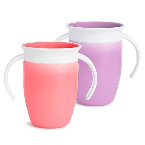 Munchkin Sippy Cup for 6 Month Old and Up, Spill Proof Miracle 360 Toddler Cups with Transition Handles, 7 Ounce, 2 Pack, Pink/Purple - Image 1