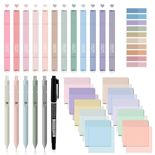 Jutom 38 Pcs Book Annotation Kit Aesthetic Highlighters Gel Pens Set Sticky Notes Tabs Markers Dual Ended Highlighter Quick Dry Ink Pens for Office Annotating Books(Classic Color,Square) - Image 1