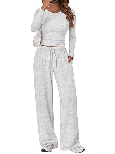 Trendy Queen Women's 2 Piece Matching Lounge Set Long Sleeve Slightly Crop Top Wide Leg Pants Casual Sweatsuit - Image 1