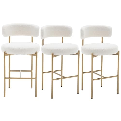 Canxkun Gold Boucle Bar Stools Set of 3, 26" Modern Counter Stools with Backs, White Upholstered Barstools for Kitchen Island, Pub, Cafe - Image 1