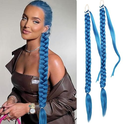 2 Packs Pink and Purple Long Braided Ponytail Extension For Black Women Soft Synthetic Hair Piece For Women with Hair Tie Straight Wrap Around Ponytail Braided Hair Extensions pre Stretched 30 Inch - Image 1