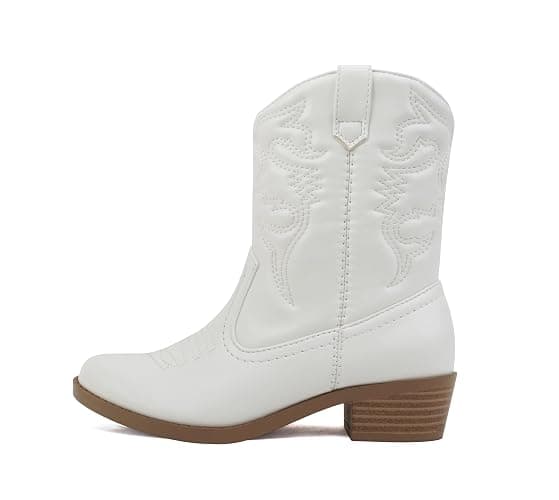 Soda RENO-2 Kids/Girls/Children Western Cowboy Stitched Pointe Toe Low Heel Ankle Mid Shaft Fashion Boots - 3 Little Kid - White Pu - Image 1