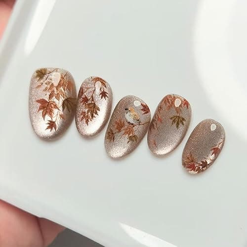 30 Pcs Fall Press on Nails Almond Fake Nails with Maple Leaf Design Nude Cat Eye False Nails Medium Glossy Acrylic Nails Autumn Thanksgiving Stick on Nail for Women - Image 1