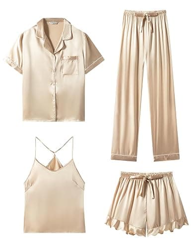 SAPJON Silk Pajamas for Women Set 4Pcs Ruffled Satin Pajamas Set Button Down Short Sleeve Cami Shorts Sleepwear Pj Set - Image 1