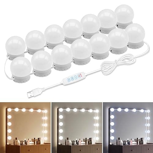 LED Vanity Mirror Lights with 14 Dimmable Bulbs, 3000K 4500K 6500K & 10 Brightness Levels Adjustable, Plug in USB Cable, Hollywood Style Stick On Mirror Lights for Makeup Desk Bathroom Dressing Room - Image 1