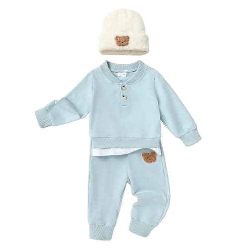 YOUNGER TREE Toddler Fall Outfits Baby Boy Sweatshirt Top Sweatpants Set Cute Sweatsuit for Boy Winter Clothes with Hat - Image 1