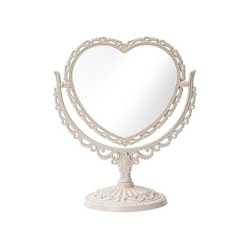 XPXKJ 7 Inch Vintage Heart Mirror - Elegant Desk Makeup Mirror with Double Sided 360 Degree Rotation Vanity Mirror for Coquette Room Decor (Beige 1pcs) - Beige - Image 1