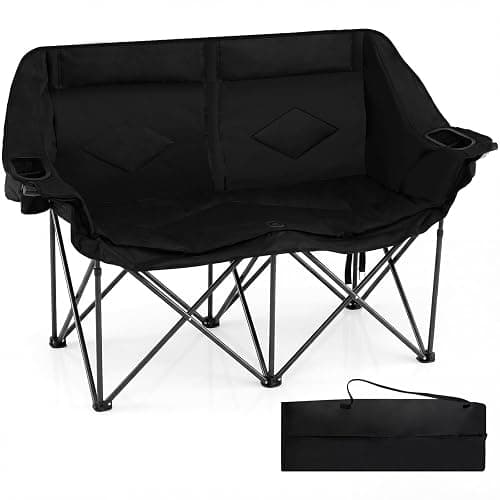 Goplus Double Camping Chair, Oversized Padded Loveseat w/Cup Holders, Glass Racks and Mesh Pockets, 660 LBS Heavy Duty Folding 2 Person Camp Couch w/Carry Bag for Lawn, Beach and Picnic (Black) - Image 1