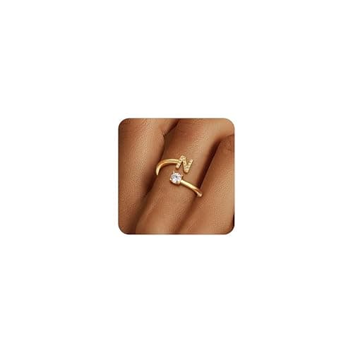 Eaciy Gold Rings for Girls Women - Dainty 14K Gold Plated Adjustable Letter Rings Teen Girls Gifts Trendy Stuff Initial Ring Teen Girl Birthday Christmas Gift for Girl Non Tarnish - Image 1