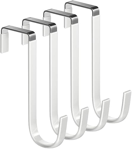 Mars-Rock Single Over Door Steel Hooks 4 Pack Fit 1-3/8" Door 5.5" White | Plastic Coated Rubber Feel Towel Rack Robe Coat Shoe Wreath Hanger No Damage No Scratch for Bathroom Heavy Duty Thin Top - Image 1
