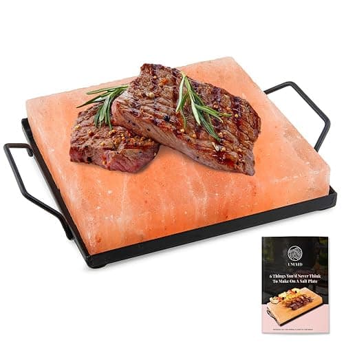 UMAID Himalayan Salt Block Cooking Plate 8x8x1.5 for Cooking, Grilling, Cutting and Serving, Food Grade Rock Salt Stone On Steel Tray with Recipe Pamphlet Unique Gifts for Men, Women, Dads & Cooks - 128 Ounce (Pack of 1) - Image 1
