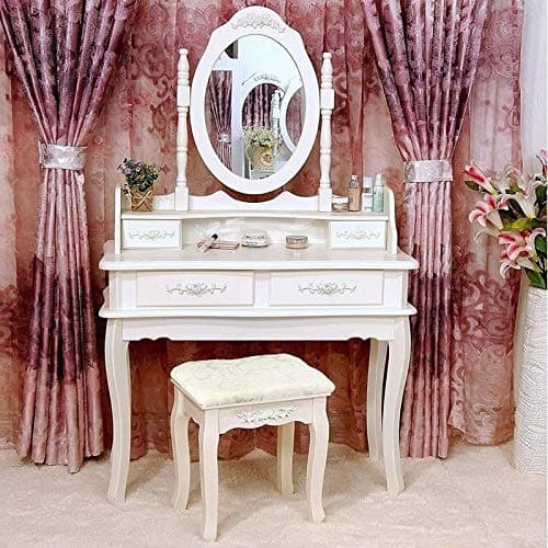 Rotation Removable Mirror Dressing Vanity Table Makeup Desk with Stool White French Urban MDF Wood Painted Assembled - Image 1