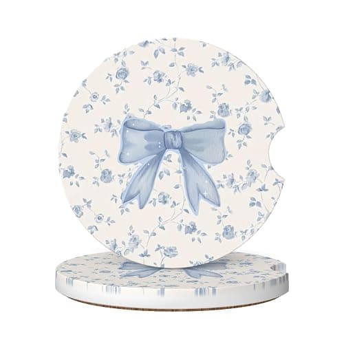 Absorbent Car Coasters for Cup Holders, 2 Pack Universal Anti Slip Ceramic Cup Coaster for Women Men 2.56 Inch Car Interior Accessories - Blue Bow Tie Flower - Image 1