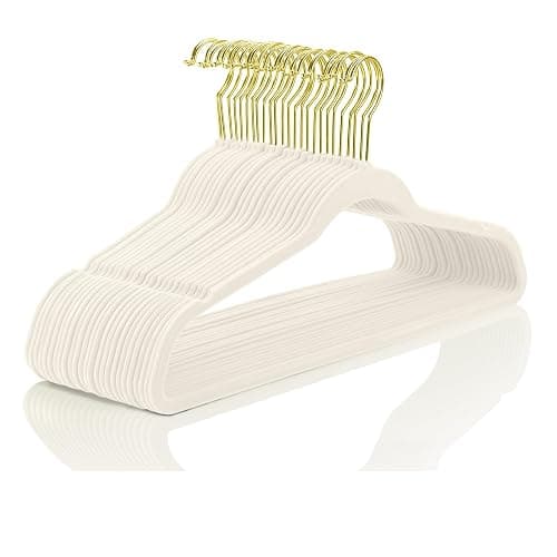 MIZGI Premium Velvet Hangers Pack 100 Pcs Heavyduty - Non Slip Slimline - Velvet Suit Hangers Ivory - Gold Hooks,Space Saving Clothes Hangers … - Image 1