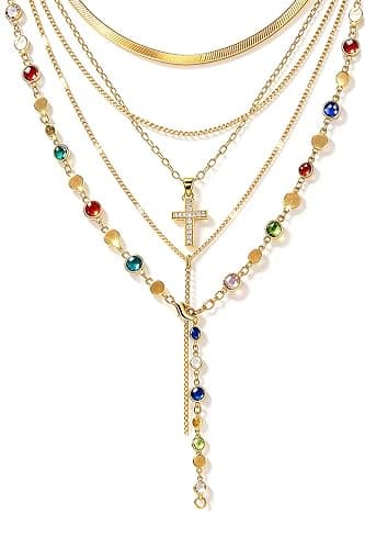 FAXHION 5PCS 14k Gold Plated Cross Necklaces for Women, Pendant Stacked Layered Diamond Y Long Boho Jewelry Sets Adjustable Accessories Trendy Gifts for Women - Image 1