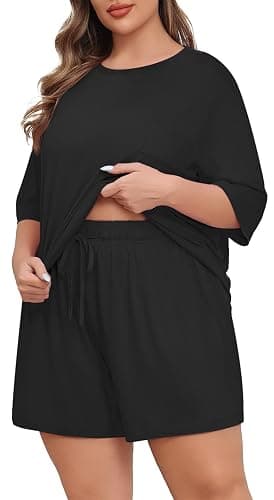 Lastshe Womens Plus Size Pajama Set 2 Piece Soft Short Sleeve with Pockets Summer Shorts Sleepwear Knit Pjs Lounge Set - Image 1