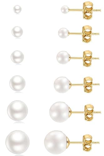 14K Gold Filled Polished Small CZ Pearl Ball Stud Earrings Set for Women Men 20G Surgical Steel Hypoallergenic Piercing Studs for Sensitive Ear, Pack of 6 Pairs - Image 1