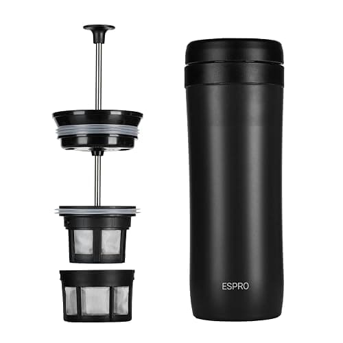 ESPRO P1 French Press Coffee Maker for Travel - Double Walled Stainless Steel Vacuum Insulated Coffee Maker and Tea Maker, Portable and Durable Coffee Press for Travel, 12 Ounce, Matte Meteorite Black - With Coffee Filter - Matte Meteorite Black - Image 1
