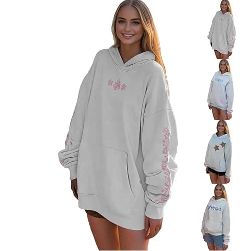Women Graphic Embroidered Hoodies for Teen Girls Trendy Cute Preppy Aesthetic Essential Casual Long Sleeve Sweatshirts - XX-Large - 002 Hibiscus Pink - Image 1