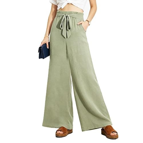 Women Wide Leg Casual Pants High Waist Flowy Palazzo Trousers Adjustable Knot Stylish Lounge Business Pants with Pockets - Image 1