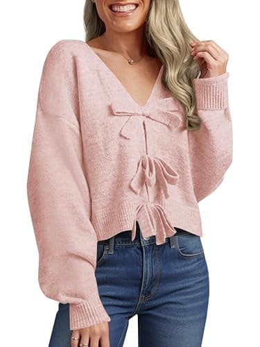 Saodimallsu Womens Bow Sweater Cropped V Neck Long Sleeve Fall Cozy Knit Loose Trendy Pullover Sweaters - Image 1