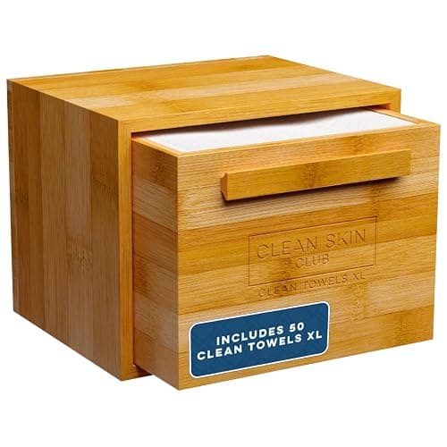 Clean Skin Club Luxe Bamboo container with pullout drawer includes Clean Towels® Original XL 50 Count, Disposable Face Towel Holder for Bathroom Counter - Image 1