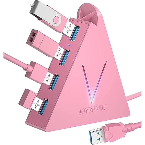 JoyReken 4-Port USB 3.0 Hub, FlyingVHUB Vertical Data USB Hub with 2 ft Extended Cable, for Mac, PC, Xbox One, PS4, PS5, iMac, Surface Pro, XPS, Laptop, Desktop, Flash Drive, Mobile HDD(Pink) - Image 1