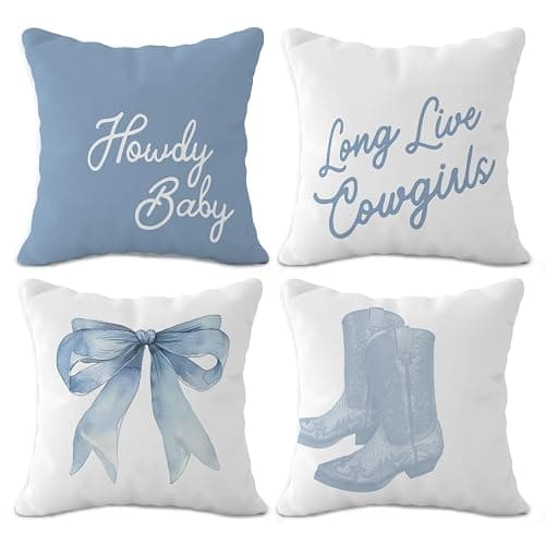 OTOUO Western Cowgirl Pillow Covers 18x18 - Howdy Long Live Cowgirls Boots Pillow Cover, Western Blue Coquette Bows Home Room Decor, Set of 4 - Image 1