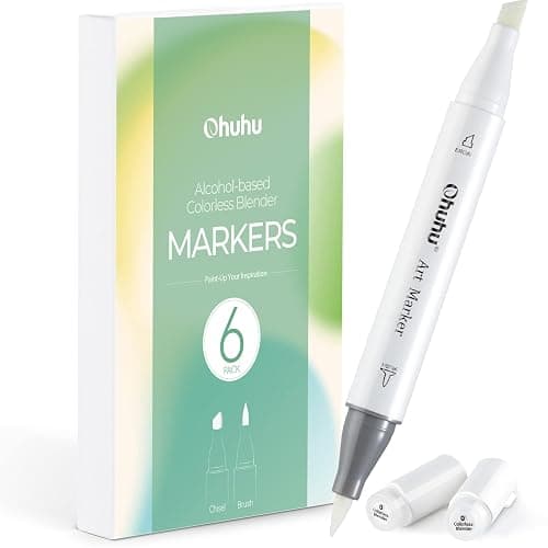 Ohuhu Alcohol Colorless Blenders - Pack of 6 Alcohol Based Ink No.0 Clear Blender Brush of Ohuhu Markers for Adding Highlights Textures - Erasing Mistakes - Works Well with All Alcohol Markers - Image 1