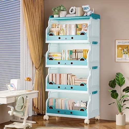 Roqao Book Cart, 4 Tier Rolling Cart, Movable Rolling Bookcase, Book Shelf for Kids Rooms, Rolling Utility Cart with Lockable Casters for Classroom, Study, Office, Bedroom - Sky Blue - Image 1