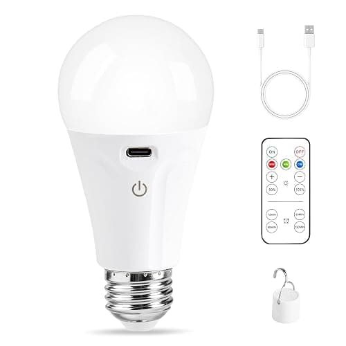 Powfloven E26 Rechargeable Light Bulbs with Remote and USB Charging, 1 Pack | Dimmable Battery Operated Light Bulb, 3 Color Temperatures, 4 Timer, A19 Wireless Light Bulbs for Wall Sconces, Not-Hardwired - Image 1