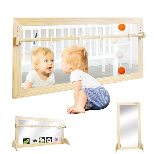 LAKNUAL Montessori Mirror with Bar, 3-Position Wood Baby Pull Up Bar, Floor & Wall Shatterproof Safety Infant Coordination Montessori Furniture, for Home, Daycare, or Preschool - Image 1