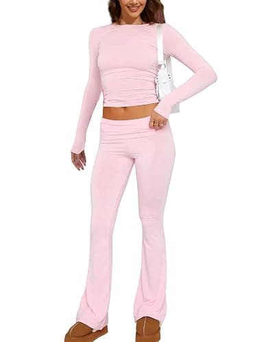 MISSACTIVER Women's Two Piece Outfit Basic Long Sleeve Crop Top and Low Rise Flare Pants Set Lounge 2 Piece Yoga Tracksuit - Image 1