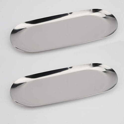 Stainless Steel Decorative Tray, Set of 2, 9 Inch Long, Jewelry Dish Cosmetics Organizer Bathroom Clutter Serving Platter Small Storage Tray, Oval, Silver - Image 1