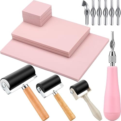 Leriton 5 Pack Rubber Block Stamp Making Kit Rubber Carving Blocks with 3 Rubber Brayer Roller and 6 Blades Cutter Tools Linoleum Block Carving Tools for Printmaking Inking Block Crafts - Image 1