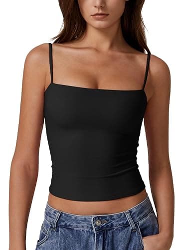 QINSEN Women's Double Lined Basic Tank Top Adjustable Spaghetti Straps Sleeveless Camisole Shirts - Image 1