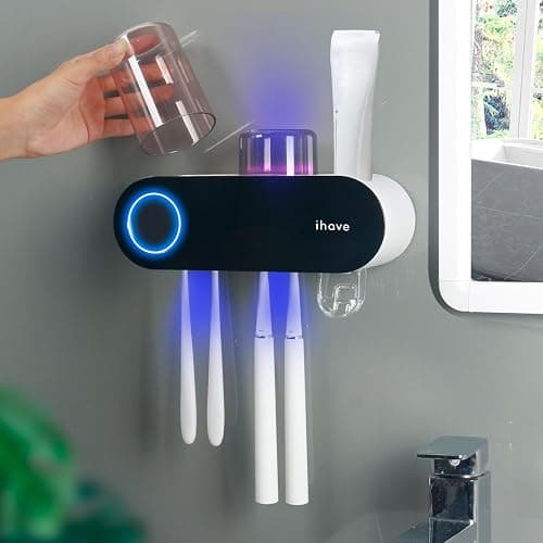 iHave Toothbrush Holders for Bathrooms, UV Toothbrush Sanitizer and Holder Smart Home Bathroom Accessories, 2 Cups Electric Toothbrush Holder Wall Mounted with Toothpaste Dispenser Bathroom Decor - Uv Black 2 Cups - Image 1