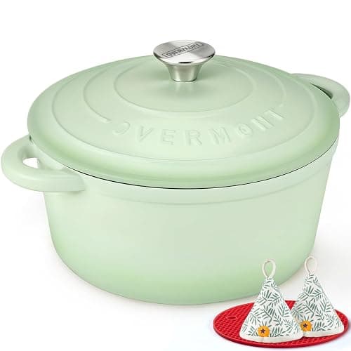 Overmont Enameled Cast Iron Dutch Oven - 5.5QT Pot with Lid Cookbook & Cotton Potholders - Heavy-Duty Cookware for Braising, Stews, Roasting, Bread Baking Verdant - Image 1