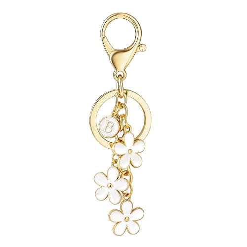 SELOVO Initial Keychain White/Pink/Black Cute Keychain Girl Purse Charms for Handbag Cute Letter Flower Keyring for Backpack - Image 1